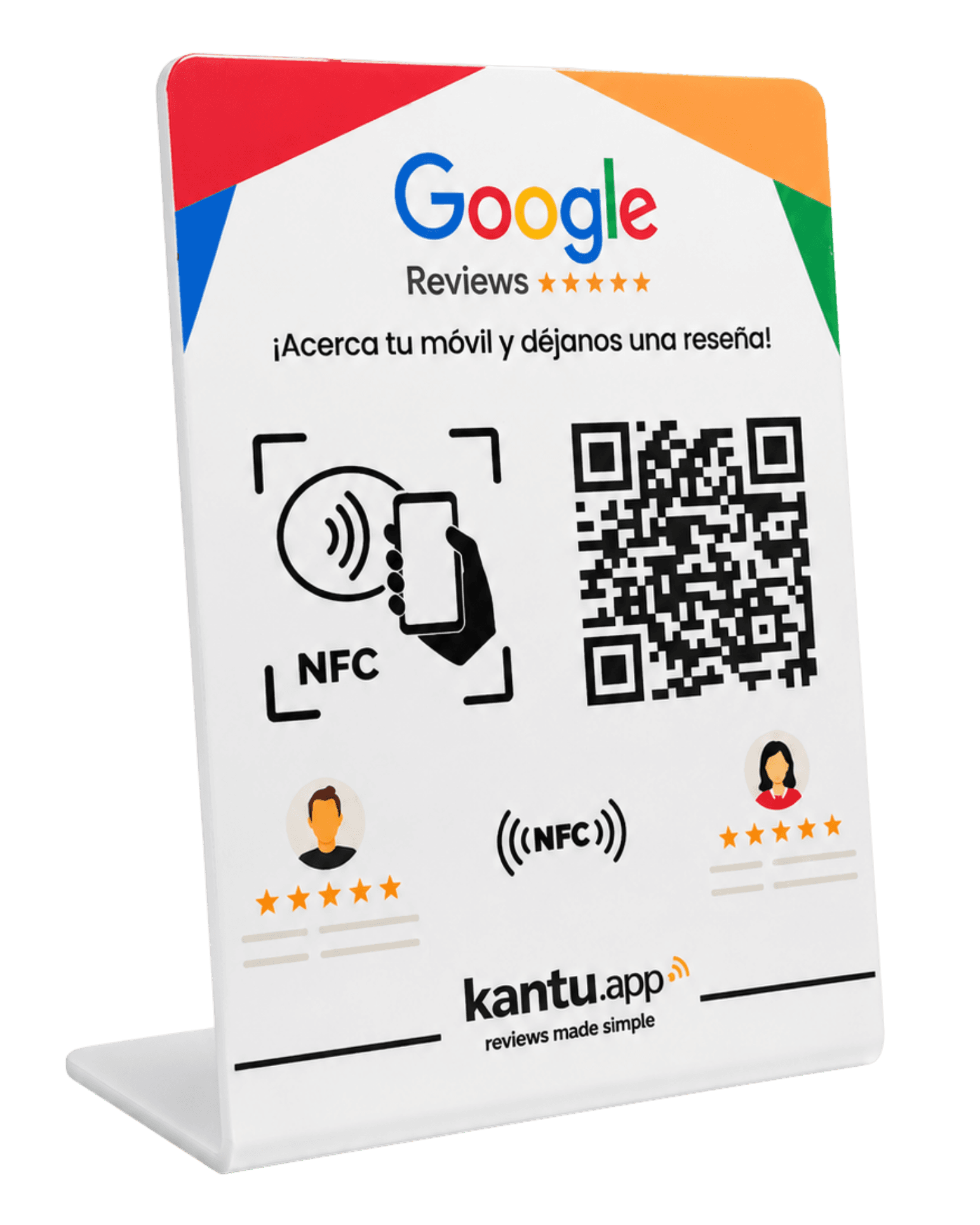 Expositor KANTU con NFC y código QR para dejar una reseña de Google